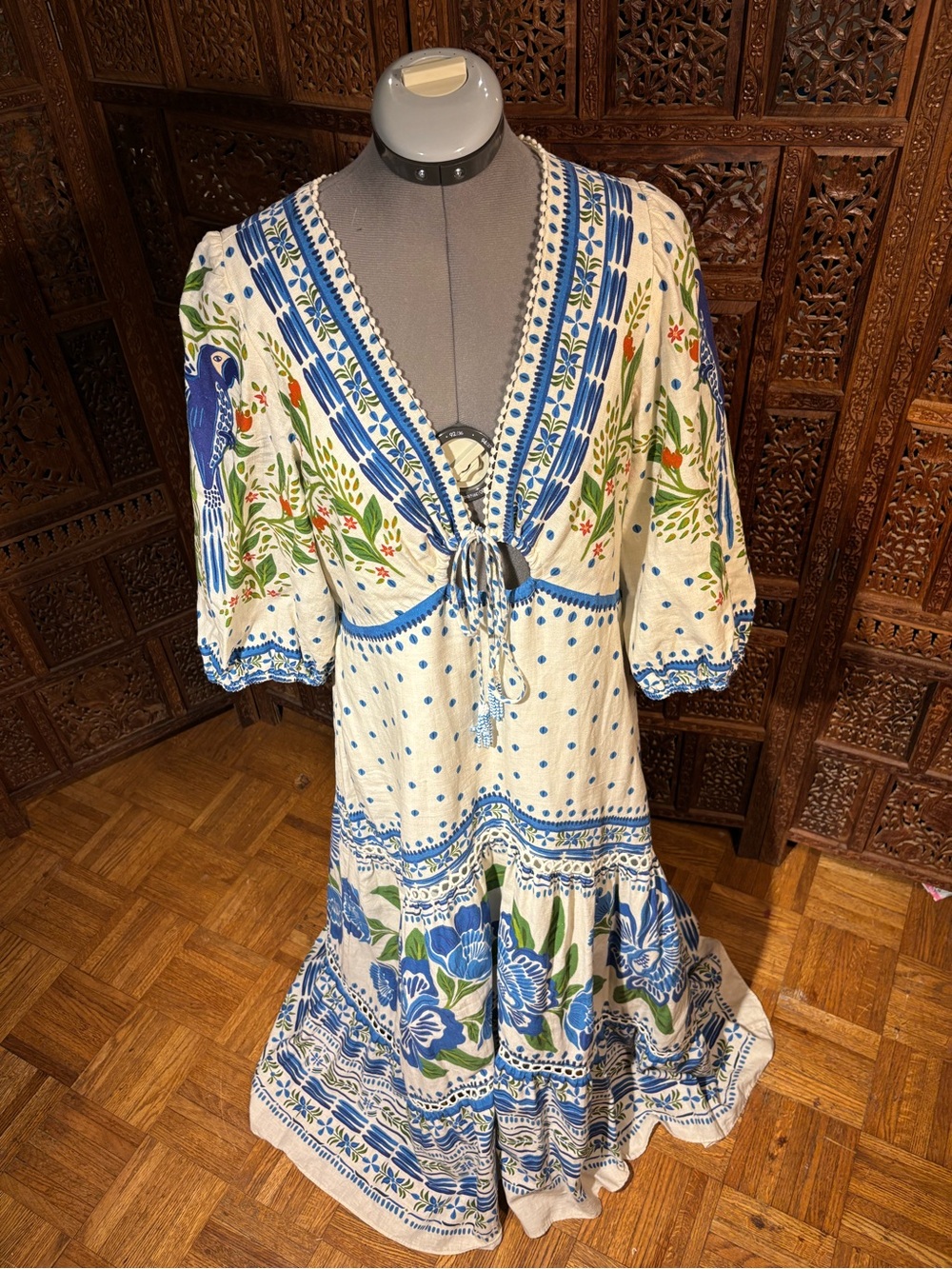 FARM Rio Maxi Dress Cream with Blue Floral and Parrot Motif - Picture 2 of 11